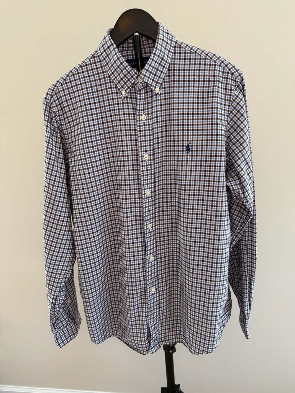 Ralph Lauren Men's Long Sleeve Button-Down Gingham Plaid Shirt Brown Blue Size L